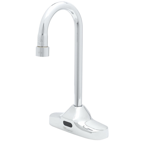 A T&S chrome deck-mounted sensor faucet with a gooseneck spout.
