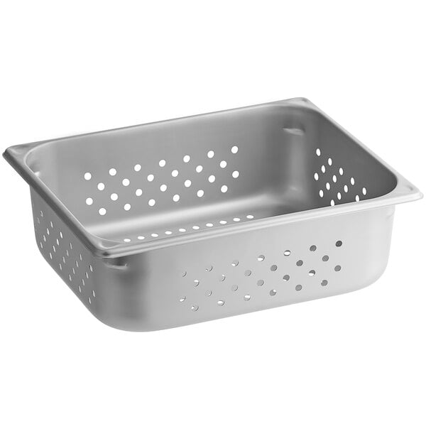 A silver metal container with holes, the Vigor 1/2 Size Anti-Jam Perforated Stainless Steel Steam Table Pan.