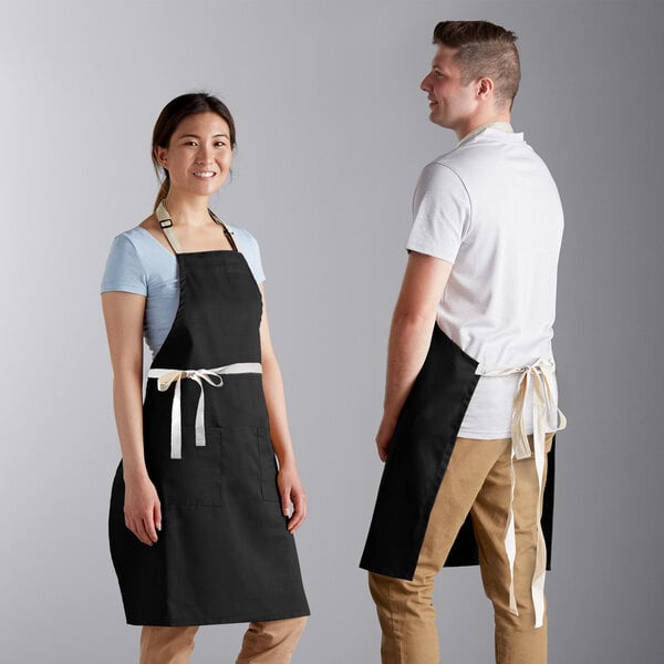 Choice Black Poly-Cotton Adjustable Bib Apron with 2 Pockets and Natural  Webbing Accents - 32 x 30