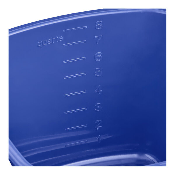 A blue cleaning pail with embossed quart measurements up to 8 quarts.