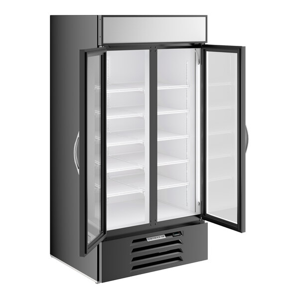 A black Beverage-Air MarketMax merchandising freezer with glass doors and a white interior.