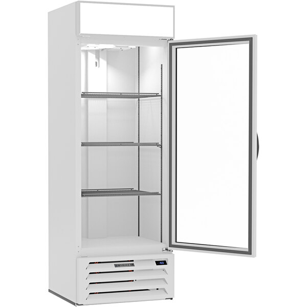 A white refrigerator with a glass door open.
