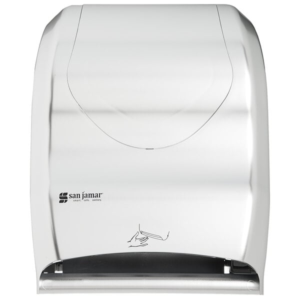 A stainless steel San Jamar hands-free roll towel dispenser.