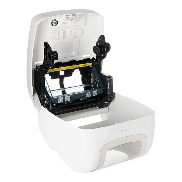A white San Jamar Tear-N-Dry Summit hands-free roll towel dispenser with a clear rectangular object inside.