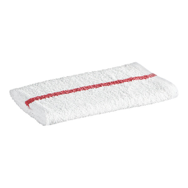 A white rectangular towel with a single red stripe running lengthwise across the center.