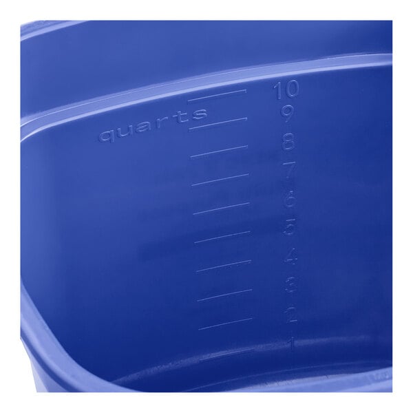 A blue cleaning pail with quart measurement markings up to 10 quarts.
