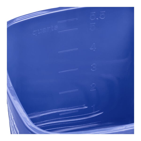 A blue plastic cleaning pail with quart measurement markings on the inside.