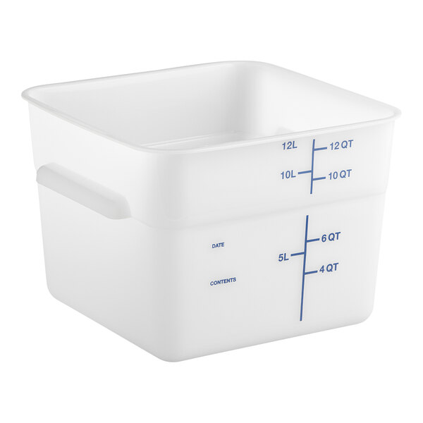 A white square polyethylene food storage container with measurement markings up to 12 quarts.