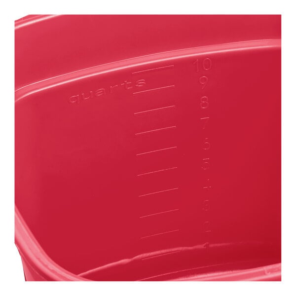 A red 10-quart sanitizing pail with embossed quart measurement markings on the inside.