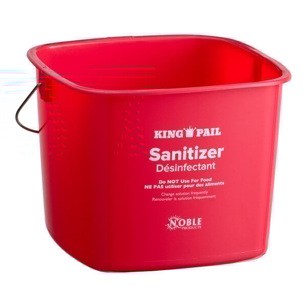 A red 8-quart sanitizing pail with a metal handle and printed labeling for sanitizer use.