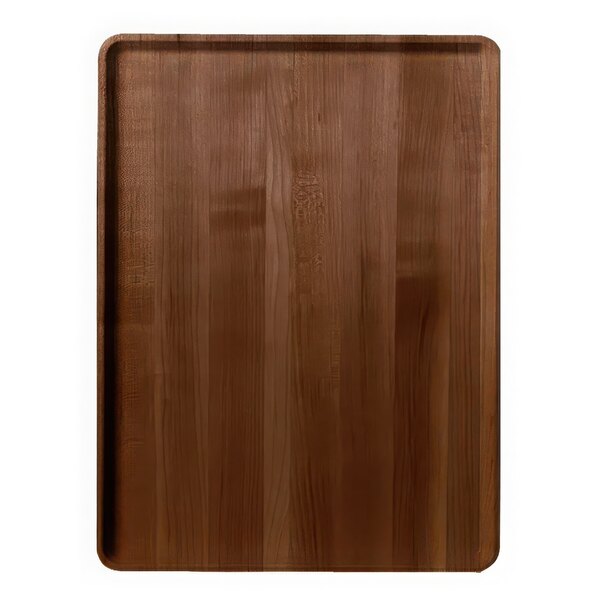 A Cambro Java Teak Faux-Wood fiberglass tray with a wood surface.