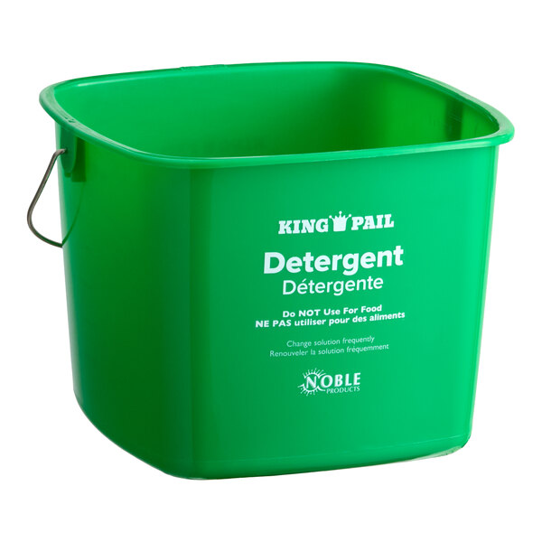A green Noble King-Pail 8 quart detergent pail with a metal handle and printed labeling on the side.