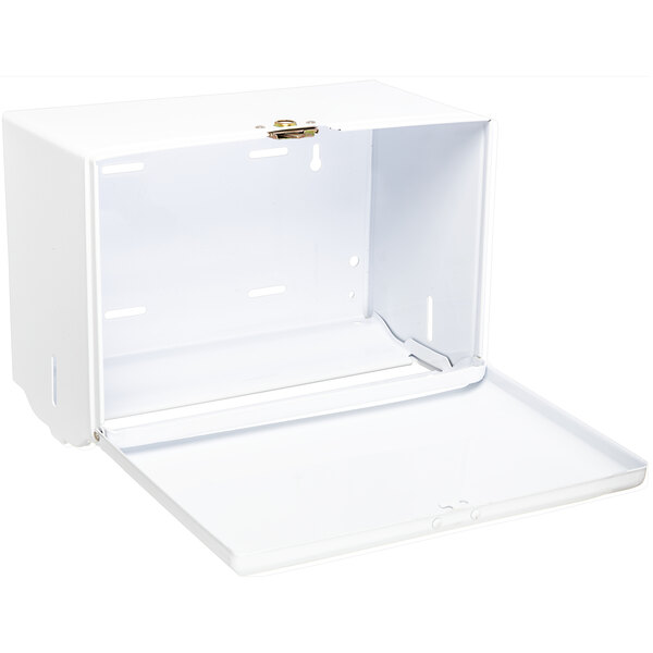 A white San Jamar singlefold towel dispenser box with an open lid.