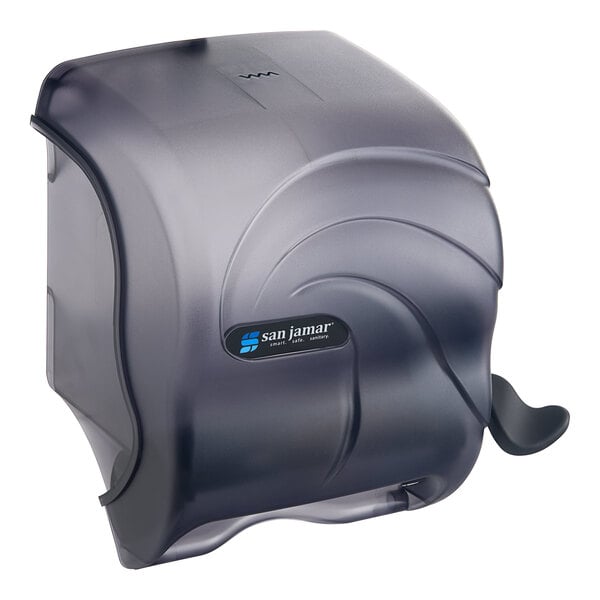 A black plastic San Jamar lever roll towel dispenser with a black label.