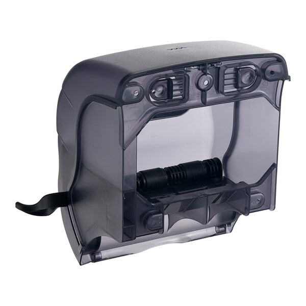 A black and gray plastic San Jamar paper towel dispenser with a black handle.