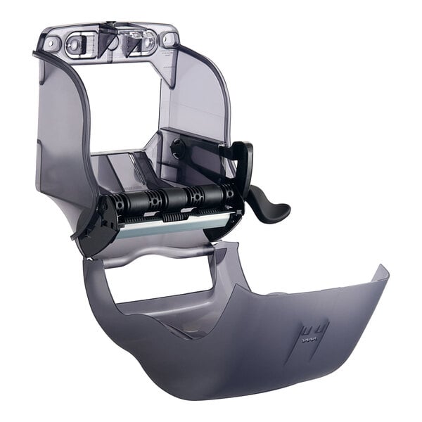 A black plastic San Jamar lever roll towel dispenser.