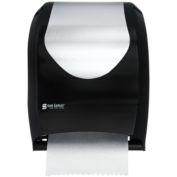 A black and stainless steel San Jamar Tear-N-Dry paper towel dispenser.