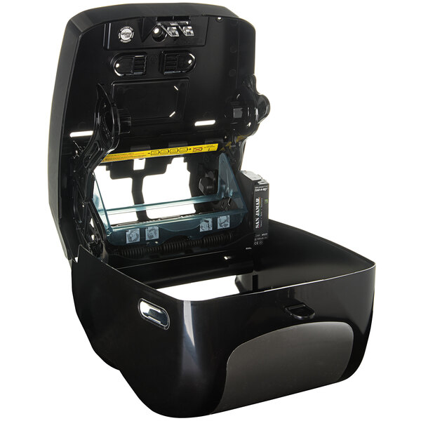 A black plastic San Jamar Tear-N-Dry Summit roll towel dispenser with a stainless steel look.