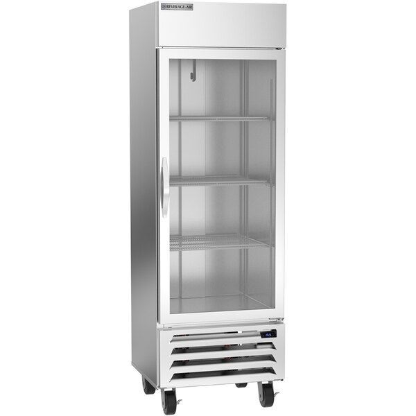 A silver Beverage-Air reach-in freezer with a glass door.