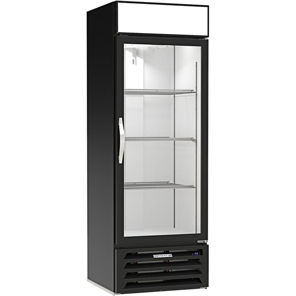 A black Beverage-Air MarketMax merchandising freezer with glass doors.