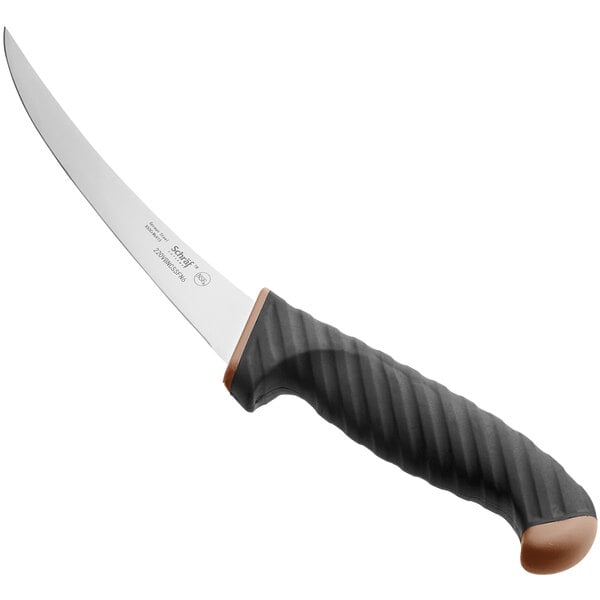 A Schraf curved semi-stiff boning knife with a brown TPRgrip handle.