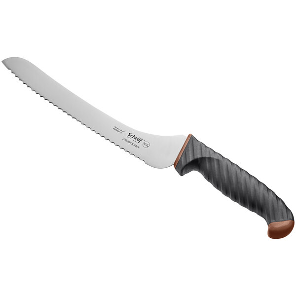 A Schraf serrated bread knife with a brown TPR grip handle.