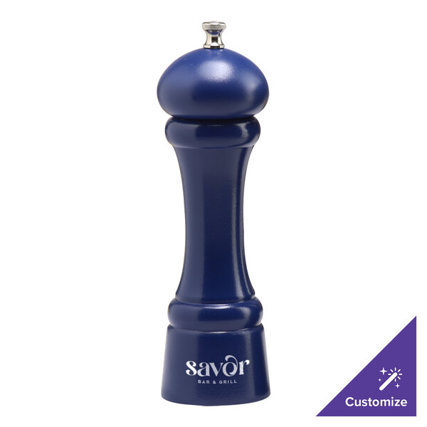 A cobalt blue salt mill with the word "sevlo" on it.