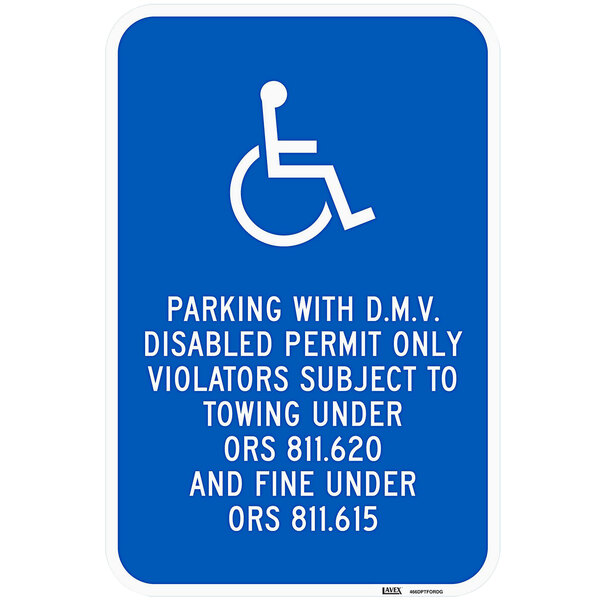 A blue Lavex aluminum parking sign with white text reading "Handicapped Parking With D.M.V. Disabled Permit Only"