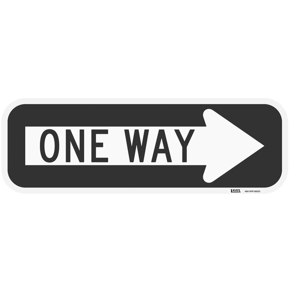 A black and white Lavex "One Way" sign with a black border and a right arrow.