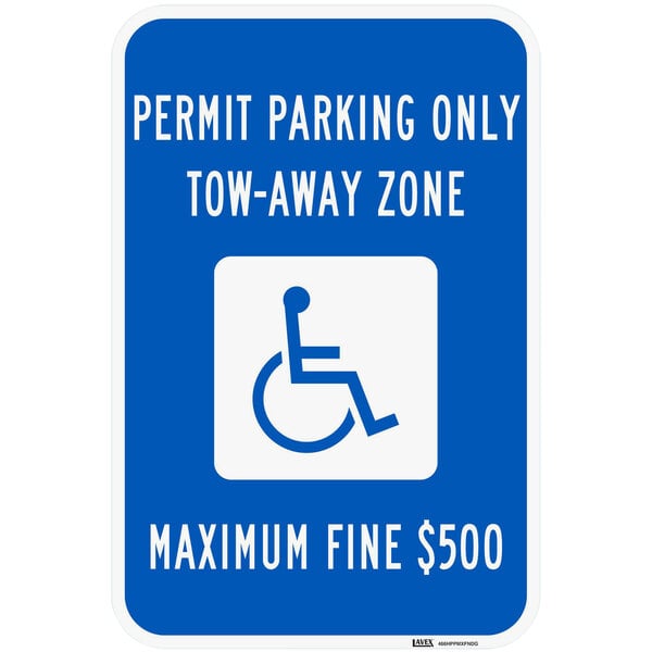 A blue and white Lavex aluminum parking sign with a wheelchair symbol and text that reads "Handicapped Permit Parking Only / Tow-Away Zone"