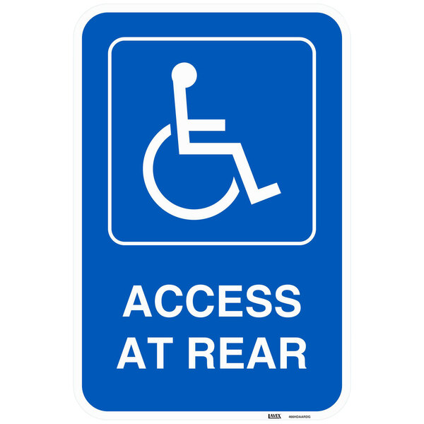 A Lavex blue and white reflective aluminum parking sign reading "Handicapped Access At Rear" with a white symbol.