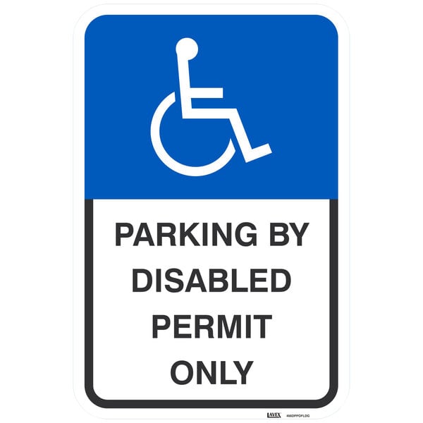 A blue and white Lavex aluminum parking sign with the words "Handicapped Parking By Disabled Permit Only" and a white outline of a wheelchair.