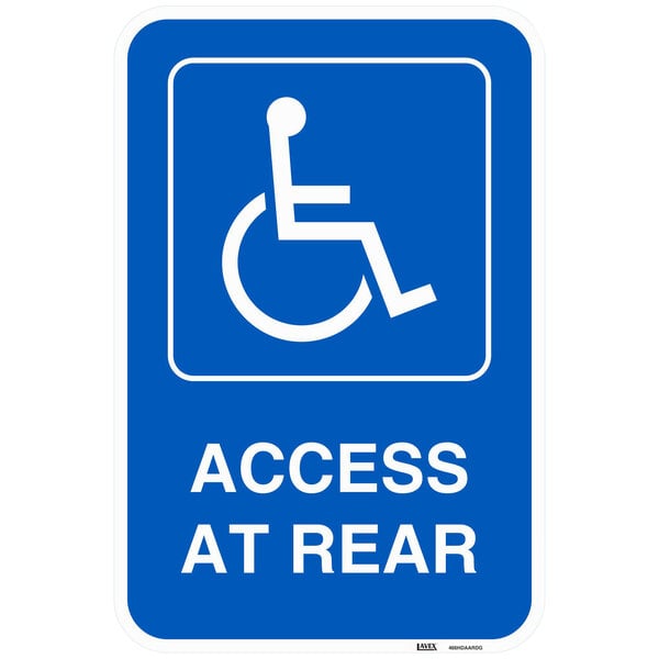 A Lavex blue aluminum parking sign with white reflective lettering and symbols that reads "Handicapped Parking / Access At Rear"