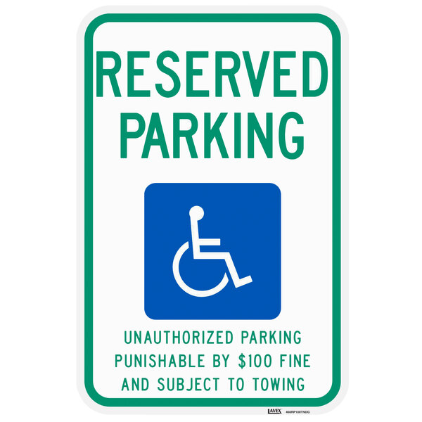 A blue and white Lavex aluminum parking sign with a wheelchair symbol and the words "Reserved Parking Prohibited"