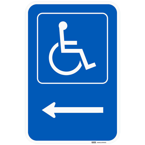 A blue Lavex aluminum parking sign with a white symbol and arrow pointing left.