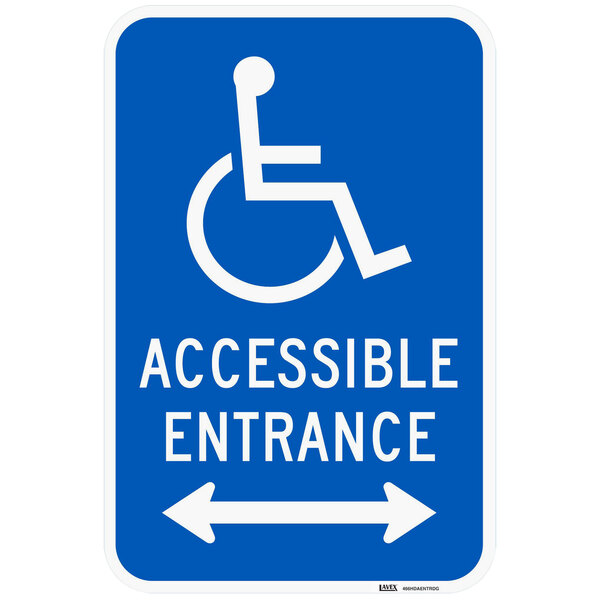 A blue Lavex aluminum sign with white text and a wheelchair symbol reading "Handicapped Parking / Accessible Entrance"