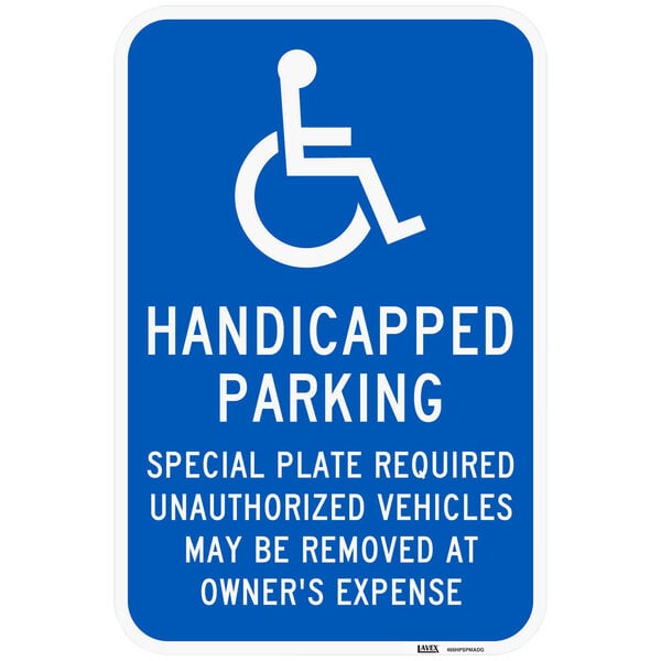 A blue Lavex aluminum parking sign with white text reading "Handicapped Parking / Special Plate Required" and a white symbol.