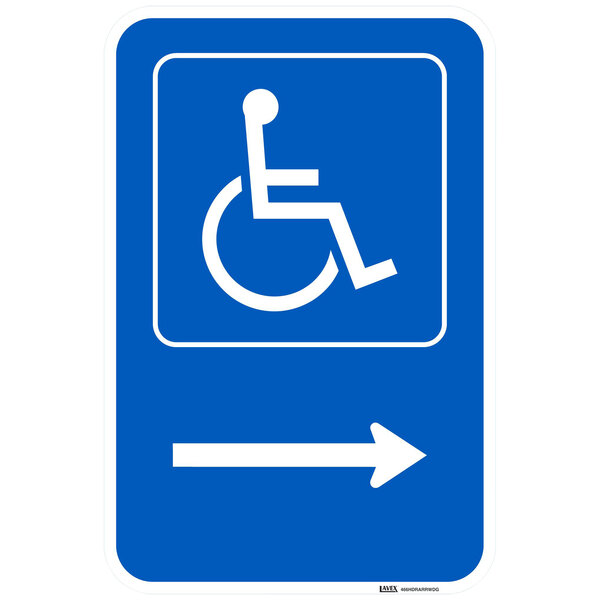 A blue and white Lavex "Handicapped Parking" sign with a white symbol and right arrow pointing to the right.