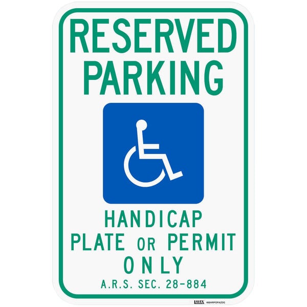 A blue Lavex aluminum parking sign with white text reading "Reserved Parking / Handicap Plate Or Permit Only" and a white wheelchair symbol.