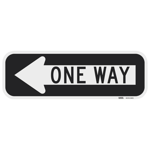 A black and white rectangular sign with a white background and black text that says "One Way" with a left arrow.