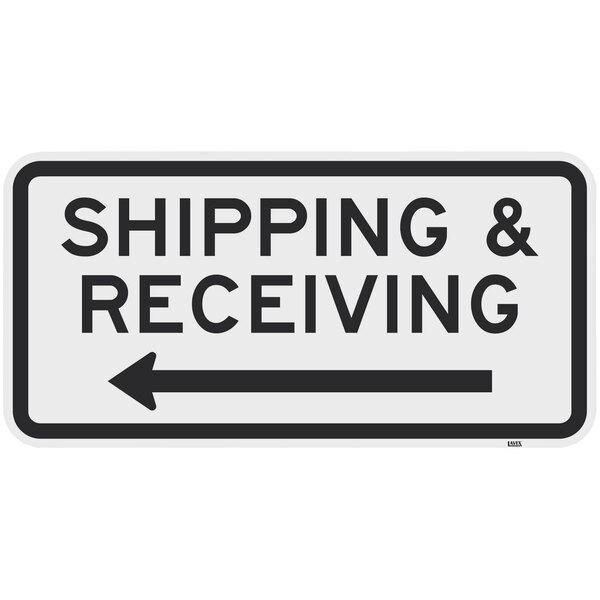 A black and white Lavex "Shipping & Receiving" sign with black text and a left arrow pointing left.