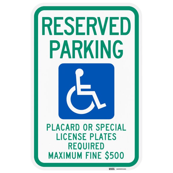 A blue sign with white and green lettering that says "Handicapped Reserved Parking" with a wheelchair symbol.