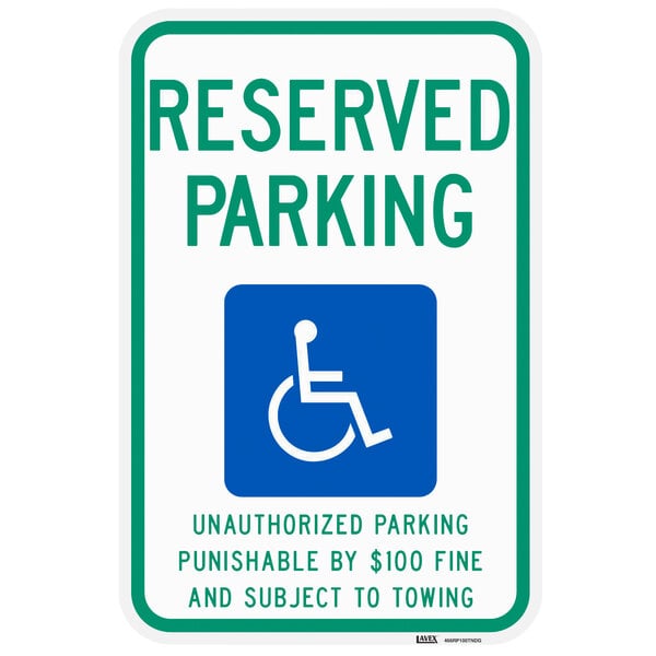 A blue and white aluminum parking sign with a wheelchair symbol and the words "Handicapped Reserved Parking / Unauthorized Parking Punishable."