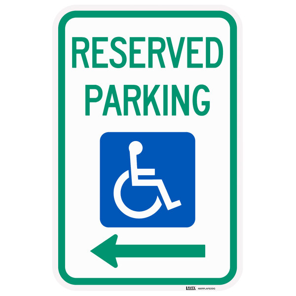 A green and white Lavex reserved parking sign with a wheelchair symbol and green text reading "Handicapped Reserved Parking" with a left arrow pointing right.