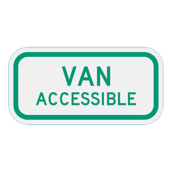 A white and green sign that says "Van Accessible" with a green diamond and green text.