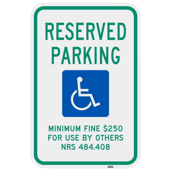 A blue and white sign that says "Handicapped Reserved Parking" with a wheelchair symbol.