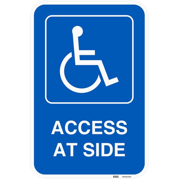 A Lavex blue aluminum parking lot sign with white text and symbols that says "Handicapped Parking / Access At Side"