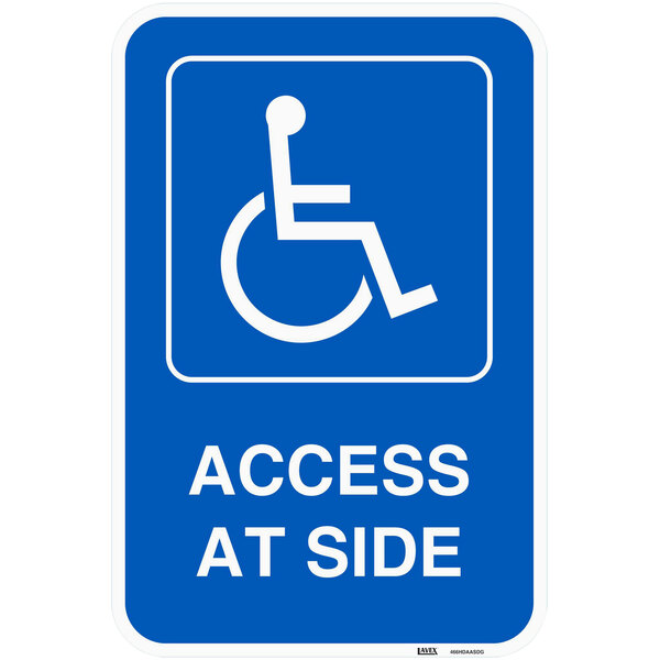 A blue and white Lavex aluminum parking sign reading "Handicapped Parking / Access At Side" with a symbol of a person in a wheelchair.