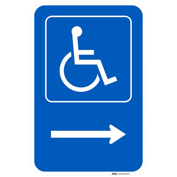 A blue Lavex aluminum parking lot sign with a white symbol and arrow pointing right.