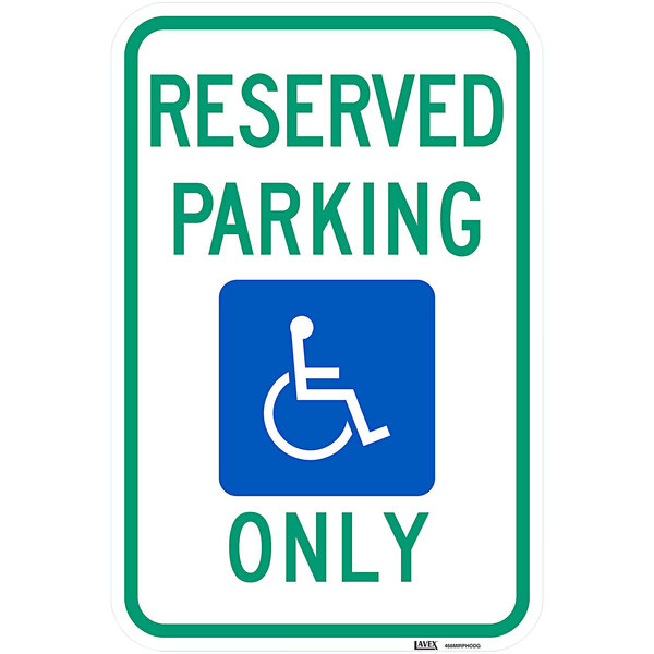 A blue Lavex aluminum parking sign with a white reserved parking symbol and white text that says "Handicapped Reserved Parking Only"